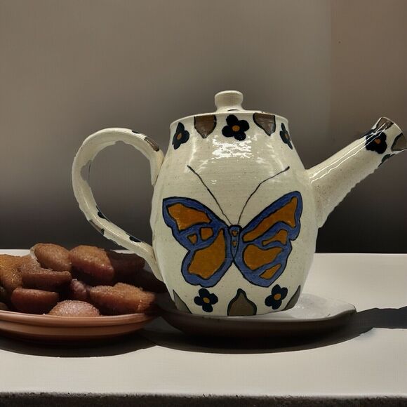 Artist Handmade Glazed Pottery Pitcher Butterfly Floral Design Spring Decor - Picture 3 of 16